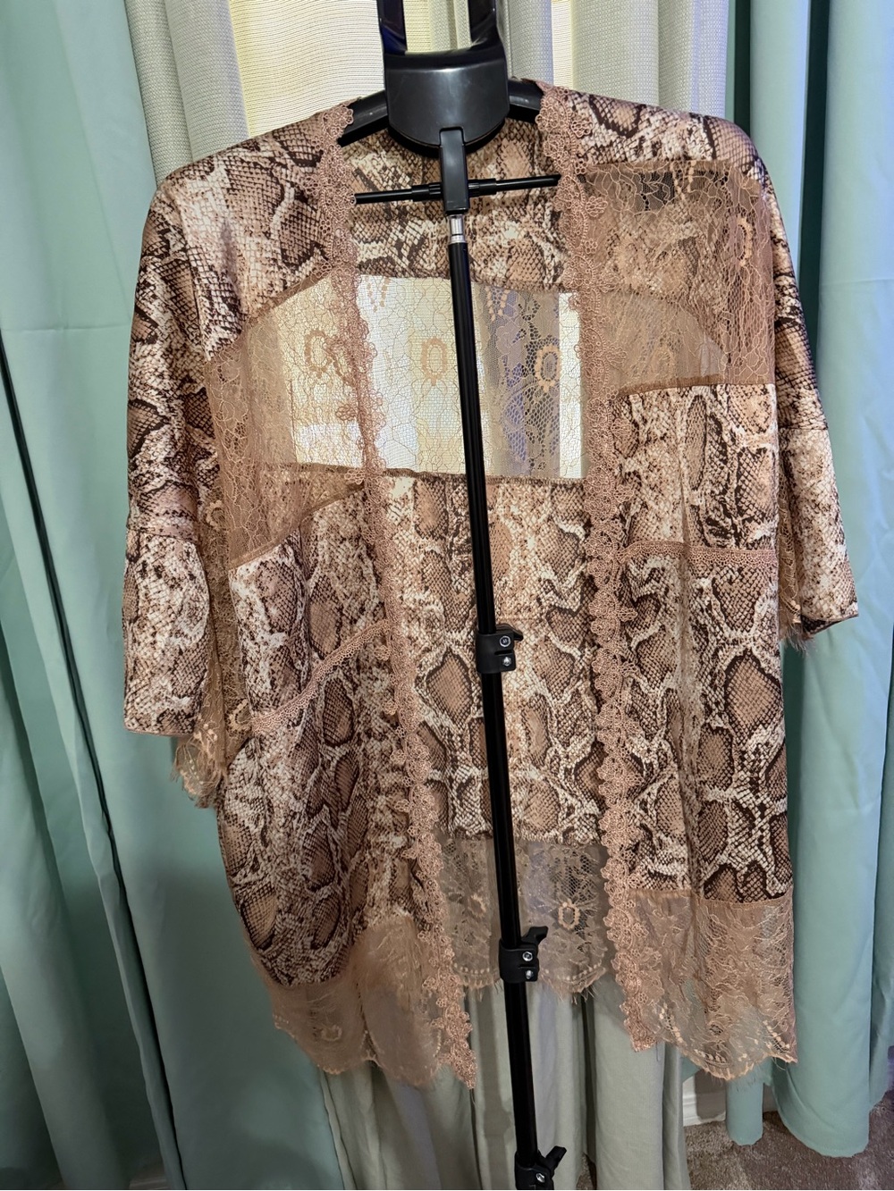 POL Sheer Snakeprint Lace Kimono in Brown